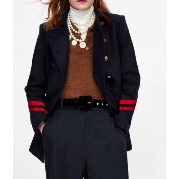 ZARA Wool Blend XS Military Peacoat Jacket NavyBlue Gold Button Double Breasted - Picture 3 of 12
